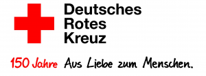 Logo des Deutschen Roten Kreuzes mit rotem Kreuz links, rechts daneben Schriftzug "Deutsches Rotes Kreuz"; darunter über die volle Breite Schriftzug "150 Jahre aus Liebe zum Menschen."