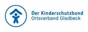 Logo, links mit kleinem Menschen mit einem stilisierten Dach über dem Kopf, in einem blauen Kreis; rechts der Schriftzug "Der Kinderschutzbund Ortsverband Gladbeck"