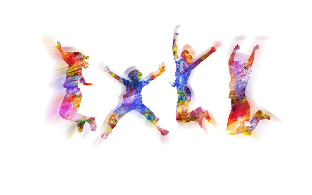 Illustration von vier springenden Menschen, die freudig ihre Gliedmaße von sich gestreckt haben; alle Personen in bunten Farben vor weißem Hintergrund