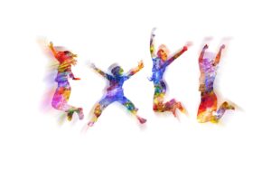 Illustration von vier springenden Menschen, die freudig ihre Gliedmaße von sich gestreckt haben; alle Personen in bunten Farben vor weißem Hintergrund